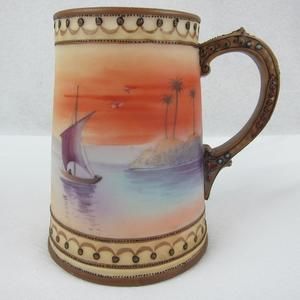 Nippon Moriage Stein Antique Hand Painted Tankard Mug Sailboat & Palm Trees RARE